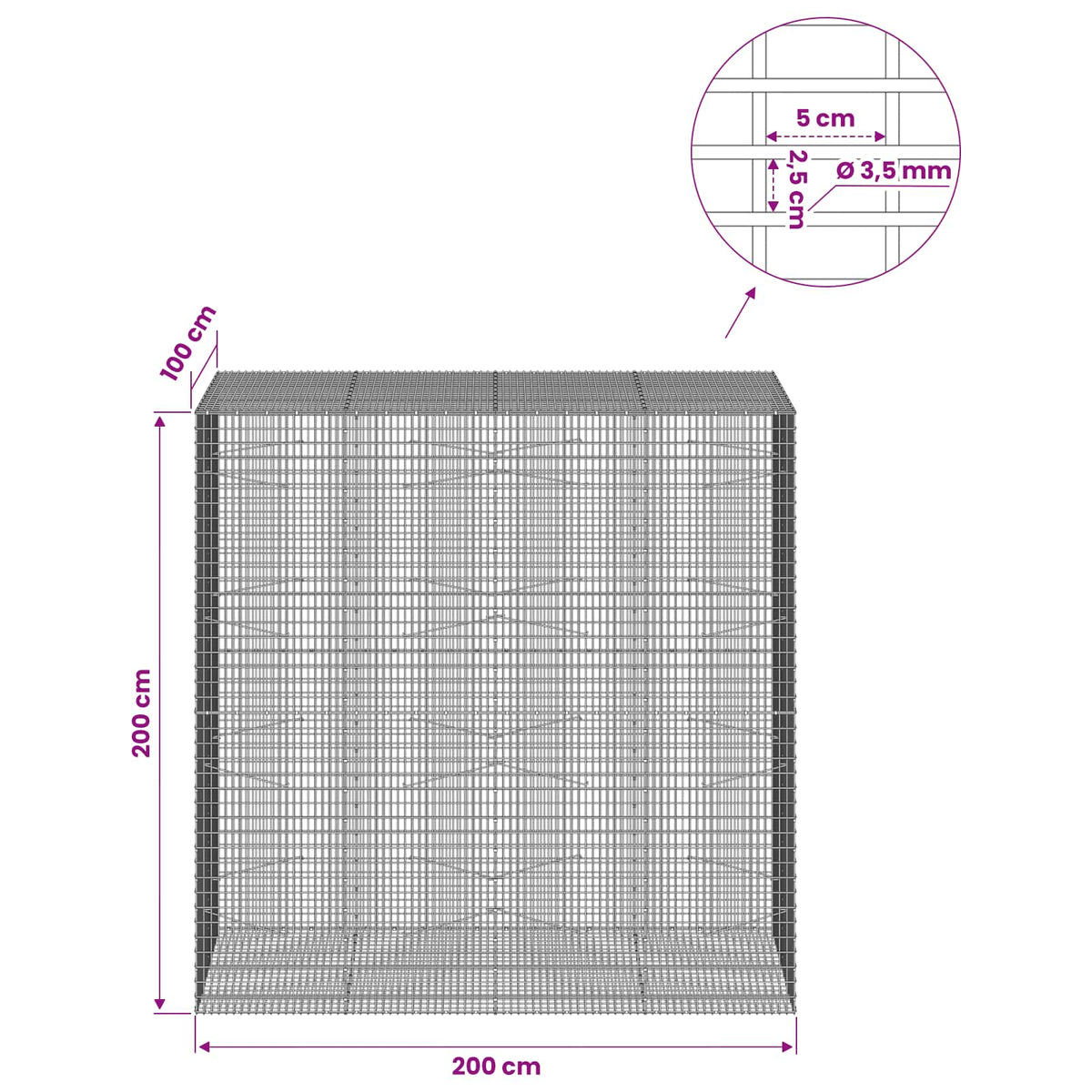 vidaXL Gabion z drutu 3,5 mm i siatką 5x2,5 cm 200x100x200 cm