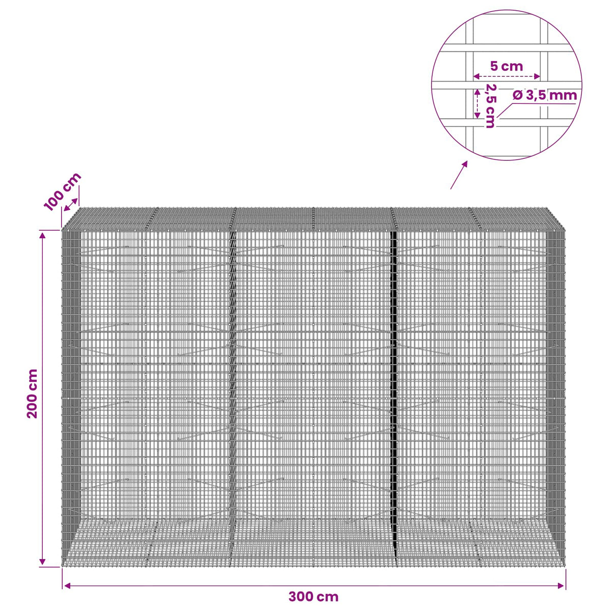vidaXL Gabion z drutu 3,5 mm i siatką 5x2,5 cm 300x100x200 cm