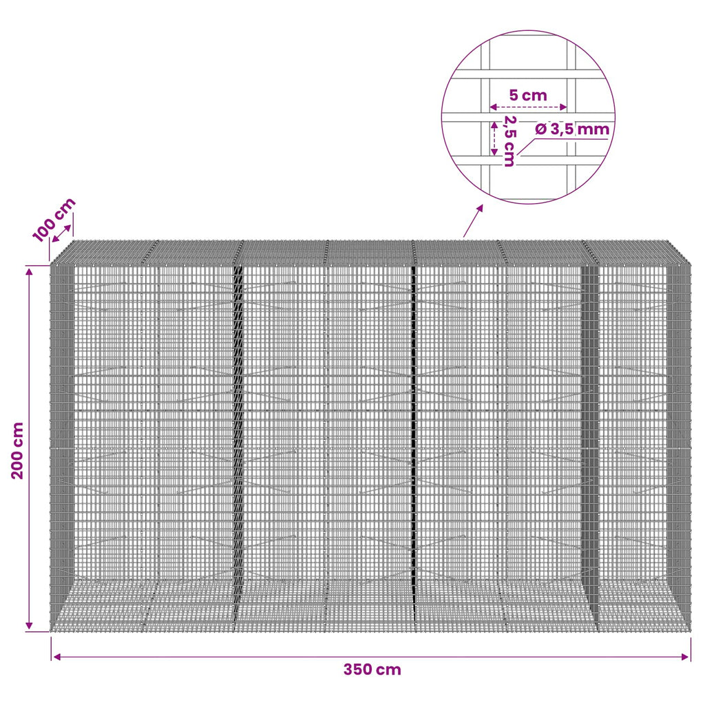 vidaXL Gabion z drutu 3,5 mm i siatką 5x2,5 cm 350x100x200 cm