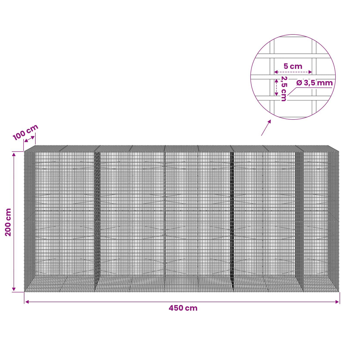vidaXL Gabion z drutu 3,5 mm i siatką 5x2,5 cm 450x100x200 cm