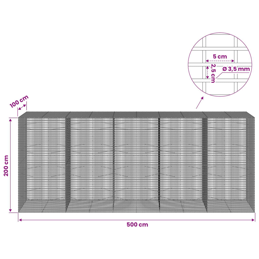 vidaXL Gabion z drutu 3,5 mm i siatką 5x2,5 cm 500x100x200 cm