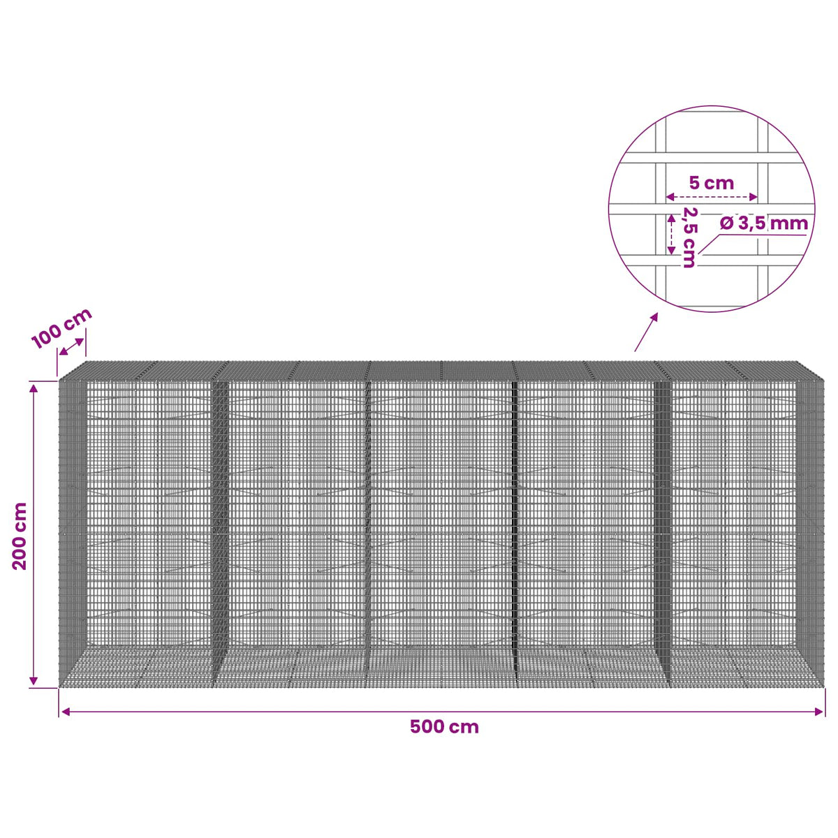 vidaXL Gabion z drutu 3,5 mm i siatką 5x2,5 cm 500x100x200 cm