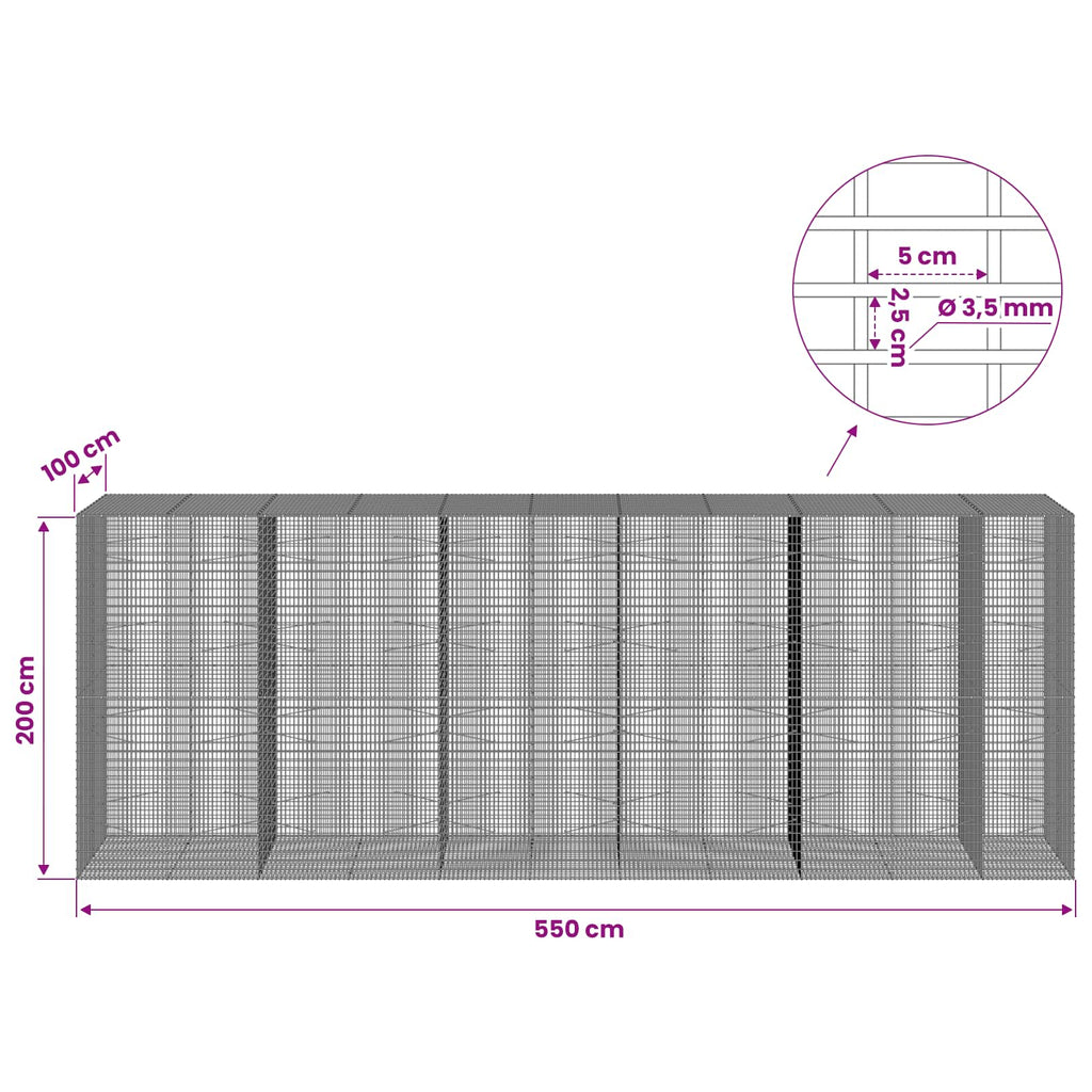 vidaXL Gabion z drutu 3,5 mm i siatką 5x2,5 cm 550x100x200 cm