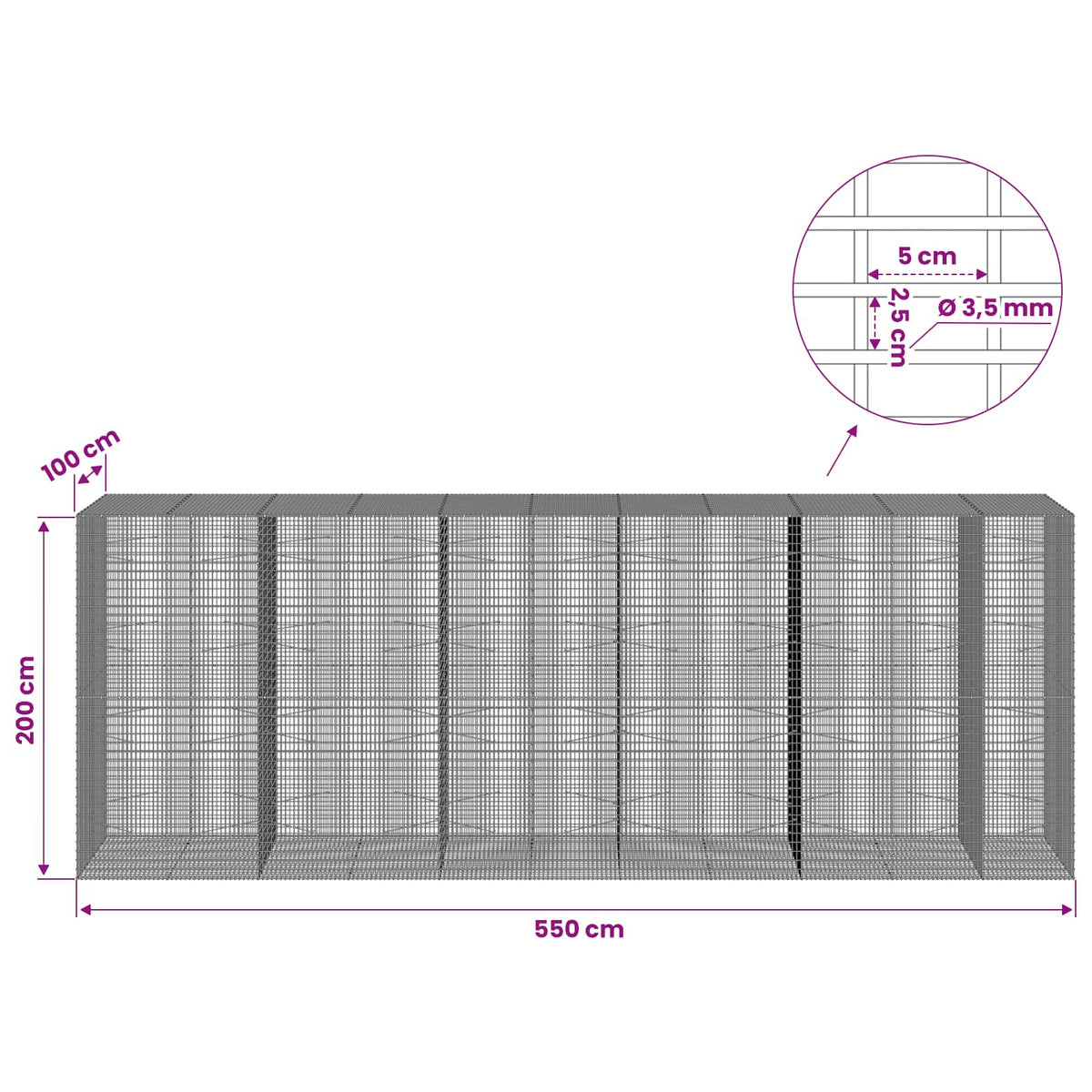 vidaXL Gabion z drutu 3,5 mm i siatką 5x2,5 cm 550x100x200 cm