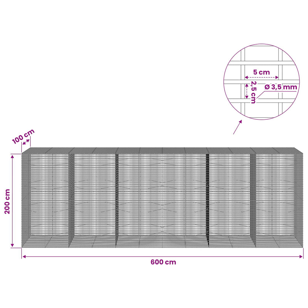 vidaXL Gabion z drutu 3,5 mm i siatką 5x2,5 cm 600x100x200 cm