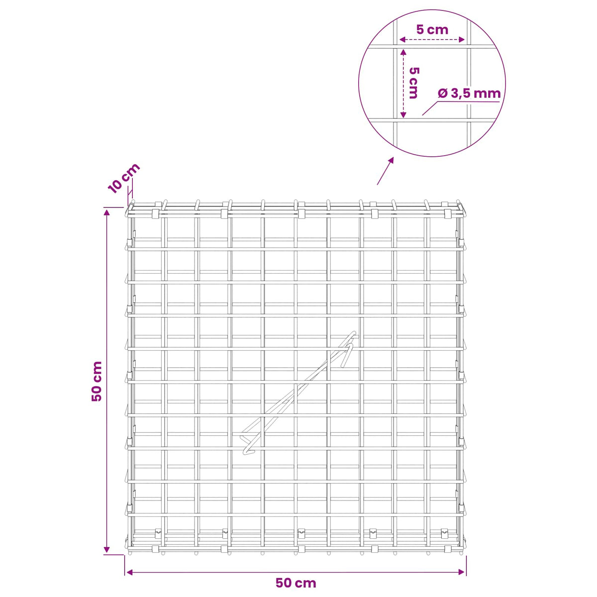 vidaXL Gabion z drutu 3,5 mm i siatką 5x5 cm 50x10x50 cm