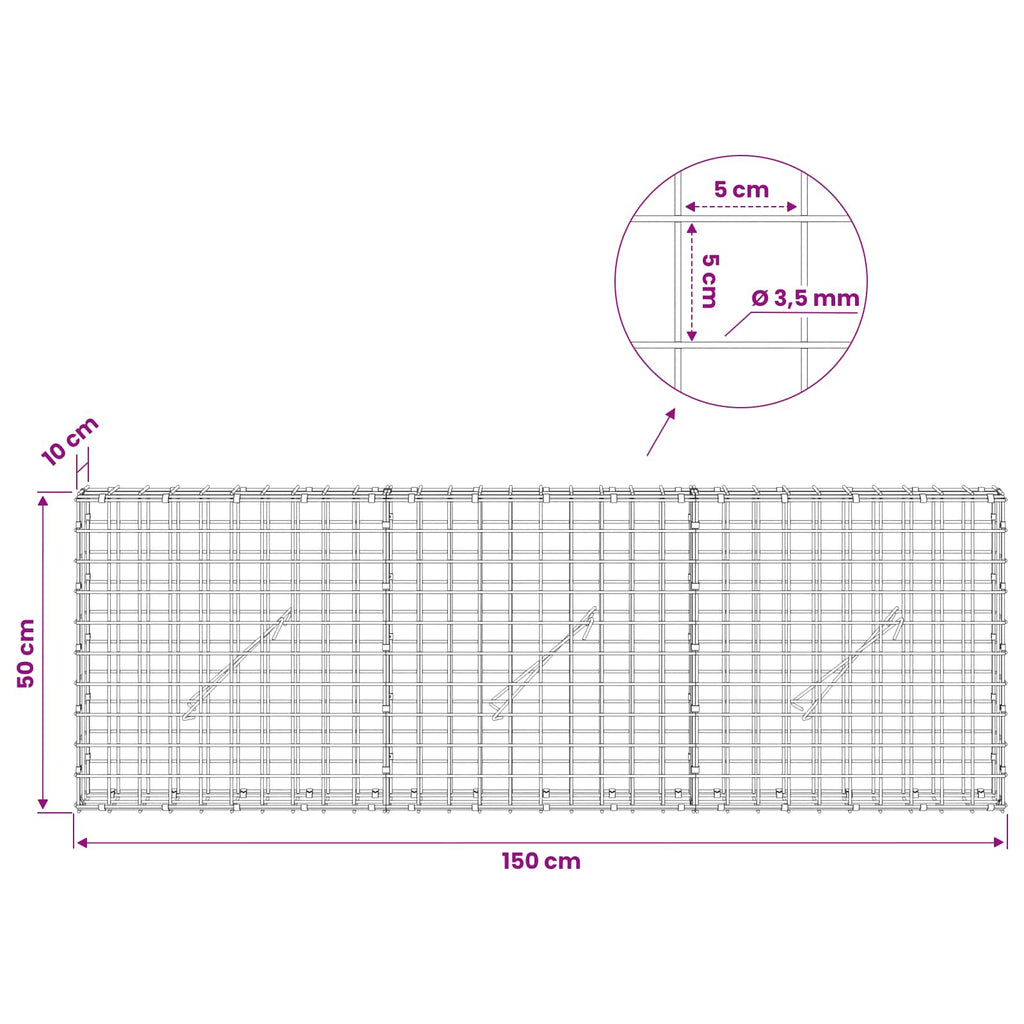 vidaXL Gabion z drutu 3,5 mm i siatką 5x5 cm 150x10x50 cm