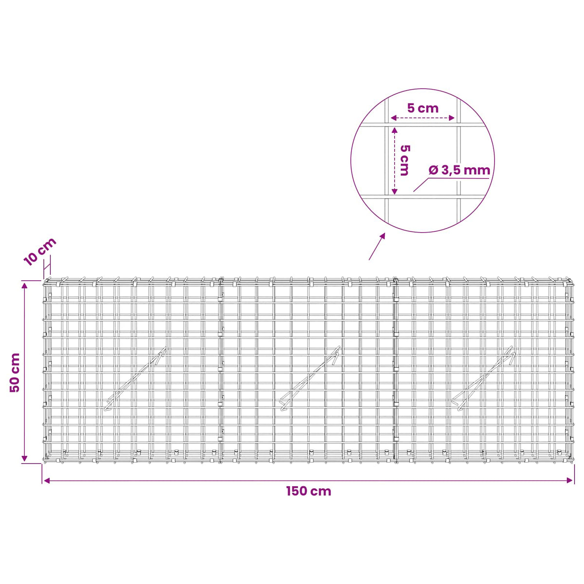 vidaXL Gabion z drutu 3,5 mm i siatką 5x5 cm 150x10x50 cm