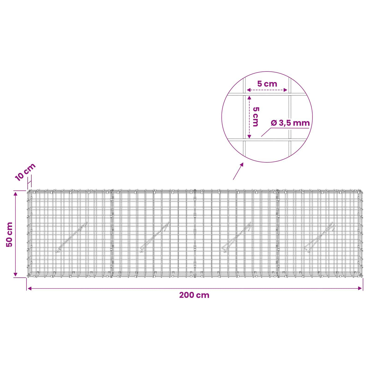 vidaXL Gabion z drutu 3,5 mm i siatką 5x5 cm 200x10x50 cm