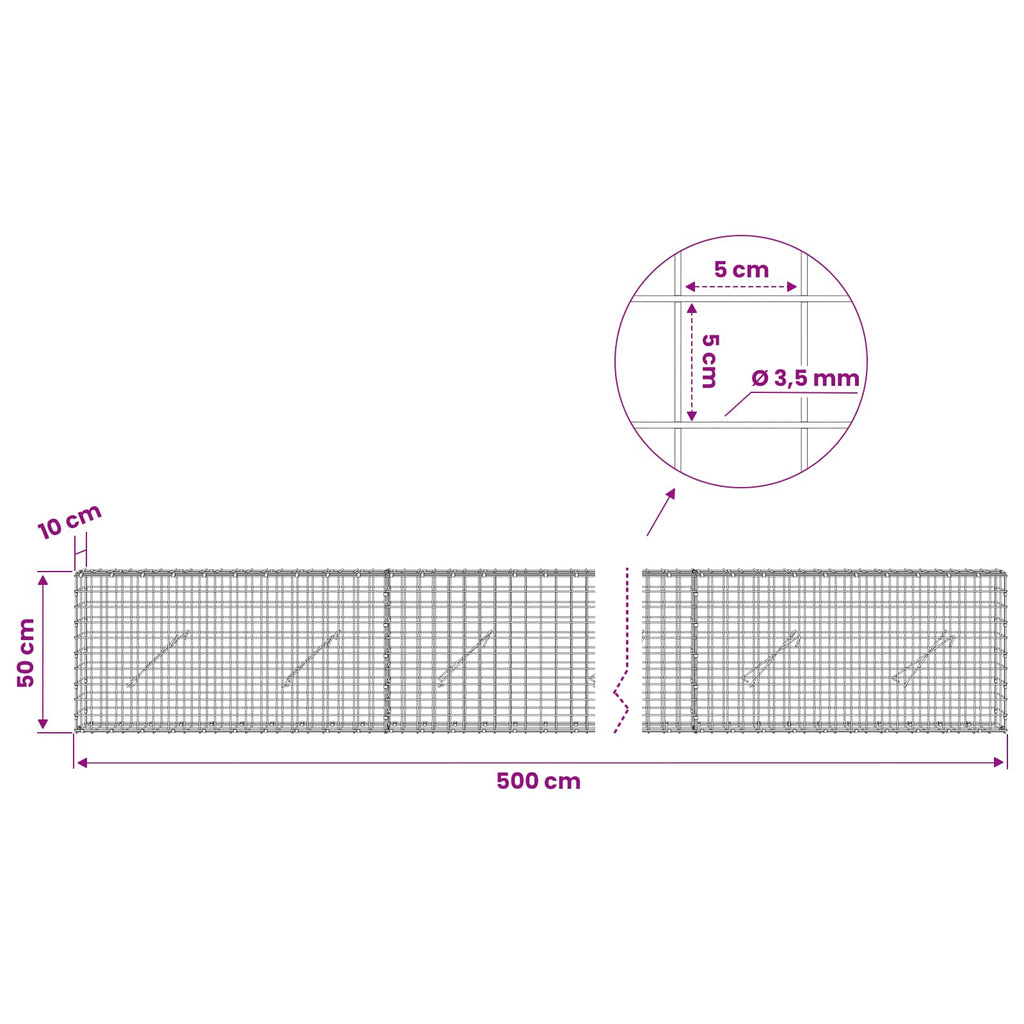 vidaXL Gabion z drutu 3,5 mm i siatką 5x5 cm 500x10x50 cm
