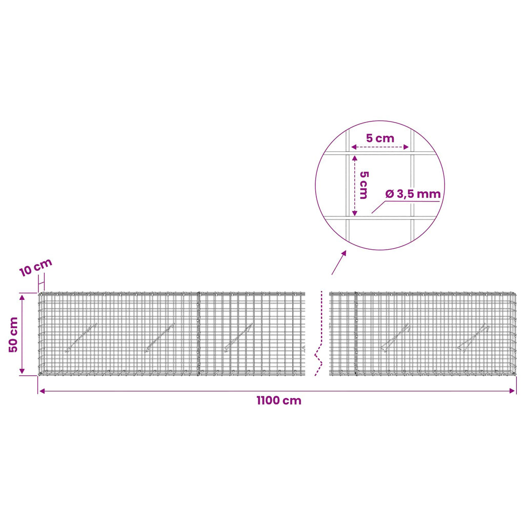 vidaXL Gabion z drutu 3,5 mm i siatką 5x5 cm 1100x10x50 cm