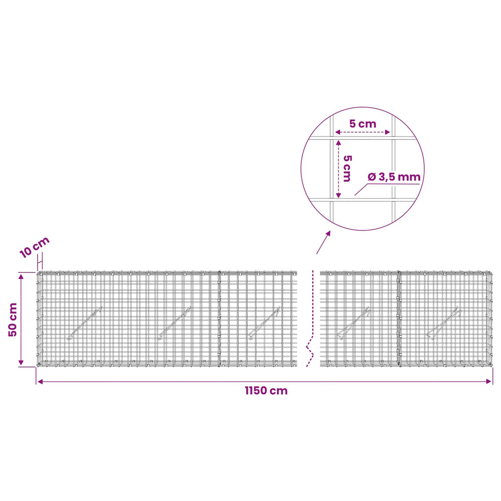 vidaXL Gabion z drutu 3,5 mm i siatką 5x5 cm 1150x10x50 cm