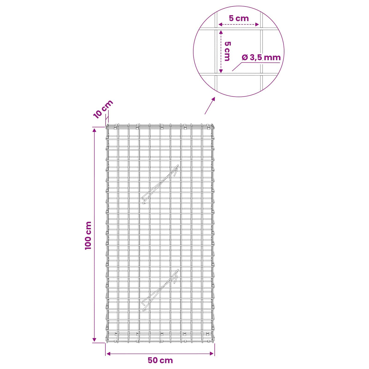 vidaXL Gabion z drutu 3,5 mm i siatką 5x5 cm 50x10x100 cm