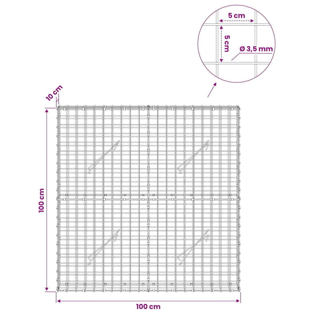 vidaXL Gabion z drutu 3,5 mm i siatką 5x5 cm 100x10x100 cm