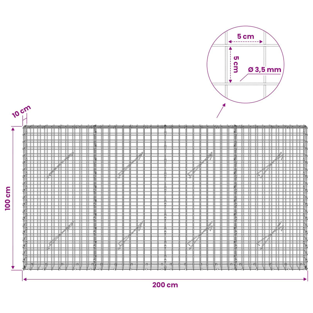 vidaXL Gabion z drutu 3,5 mm i siatką 5x5 cm 200x10x100 cm