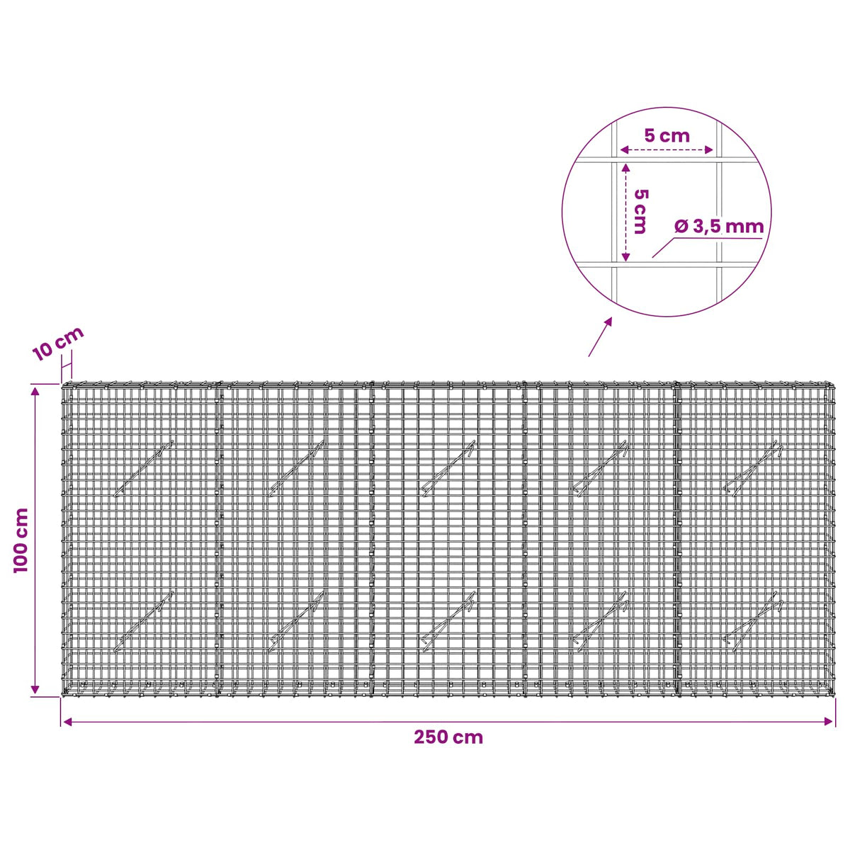 vidaXL Gabion z drutu 3,5 mm i siatką 5x5 cm 250x10x100 cm