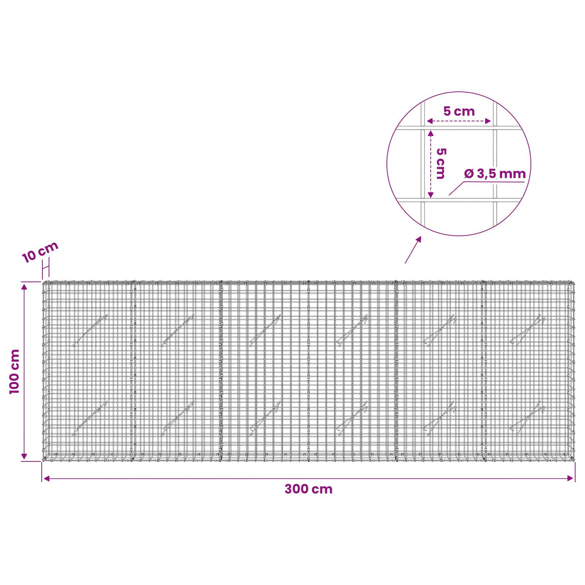 vidaXL Gabion z drutu 3,5 mm i siatką 5x5 cm 300x10x100 cm