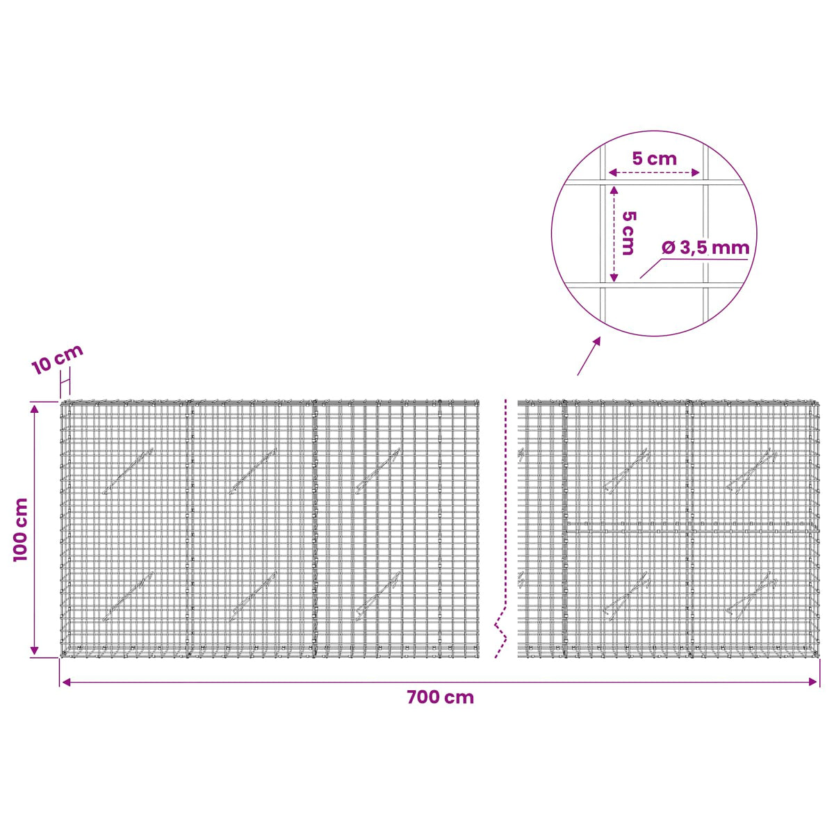 vidaXL Gabion z drutu 3,5 mm i siatką 5x5 cm 700x10x100 cm