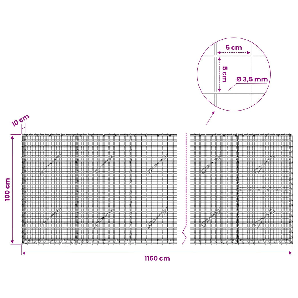 vidaXL Gabion z drutu 3,5 mm i siatką 5x5 cm 1150x10x100 cm
