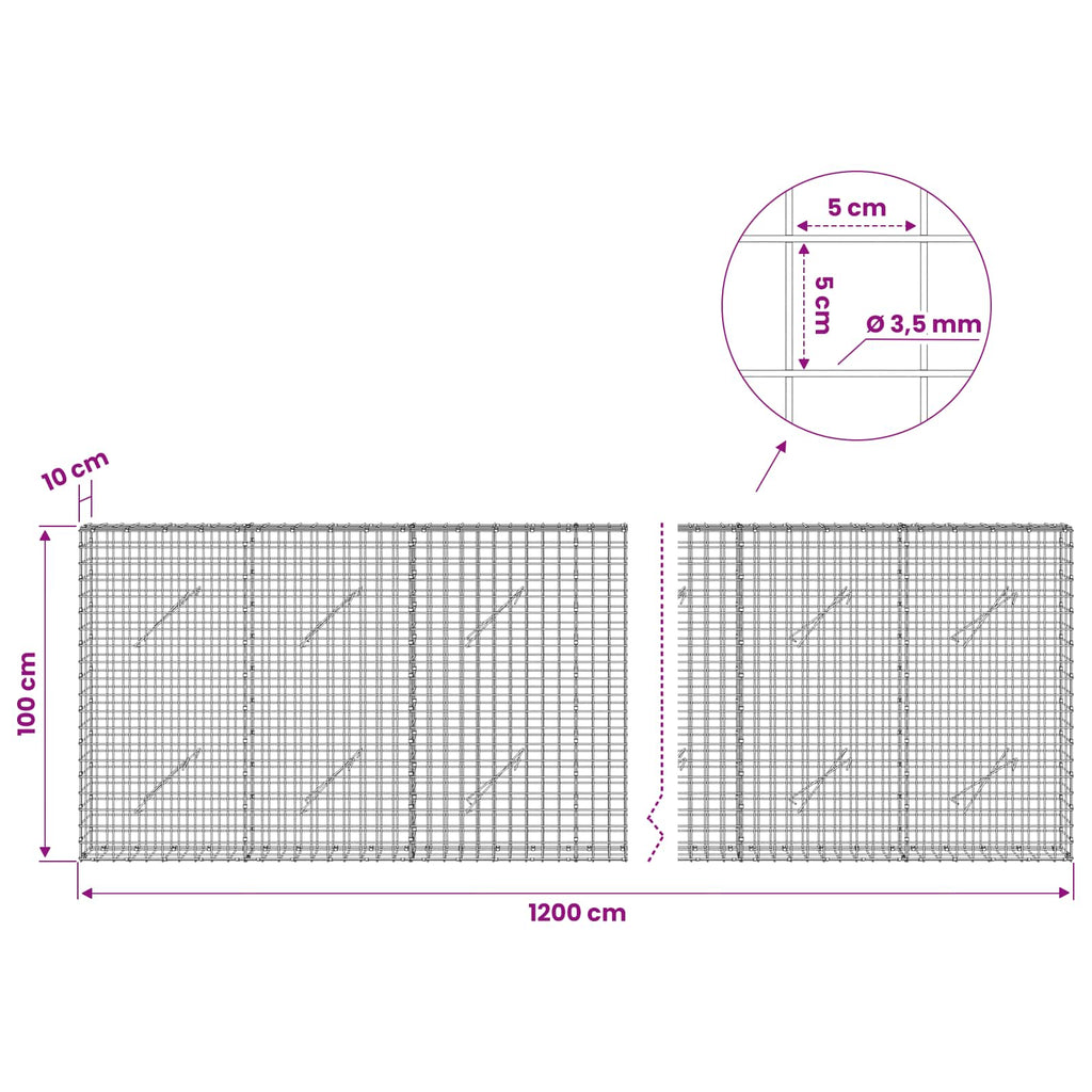 vidaXL Gabion z drutu 3,5 mm i siatką 5x5 cm 1200x10x100 cm