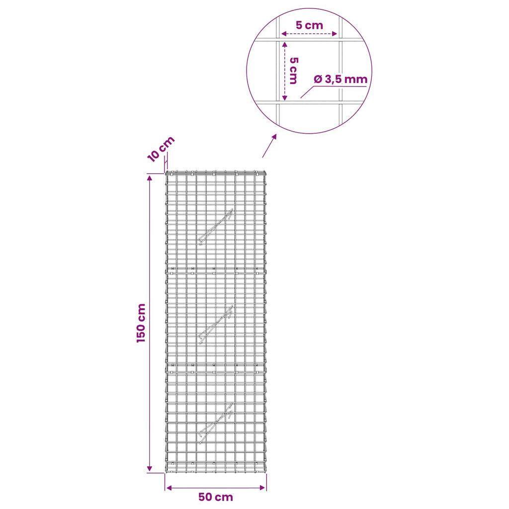 vidaXL Gabion z drutu 3,5 mm i siatką 5x5 cm 50x10x150 cm