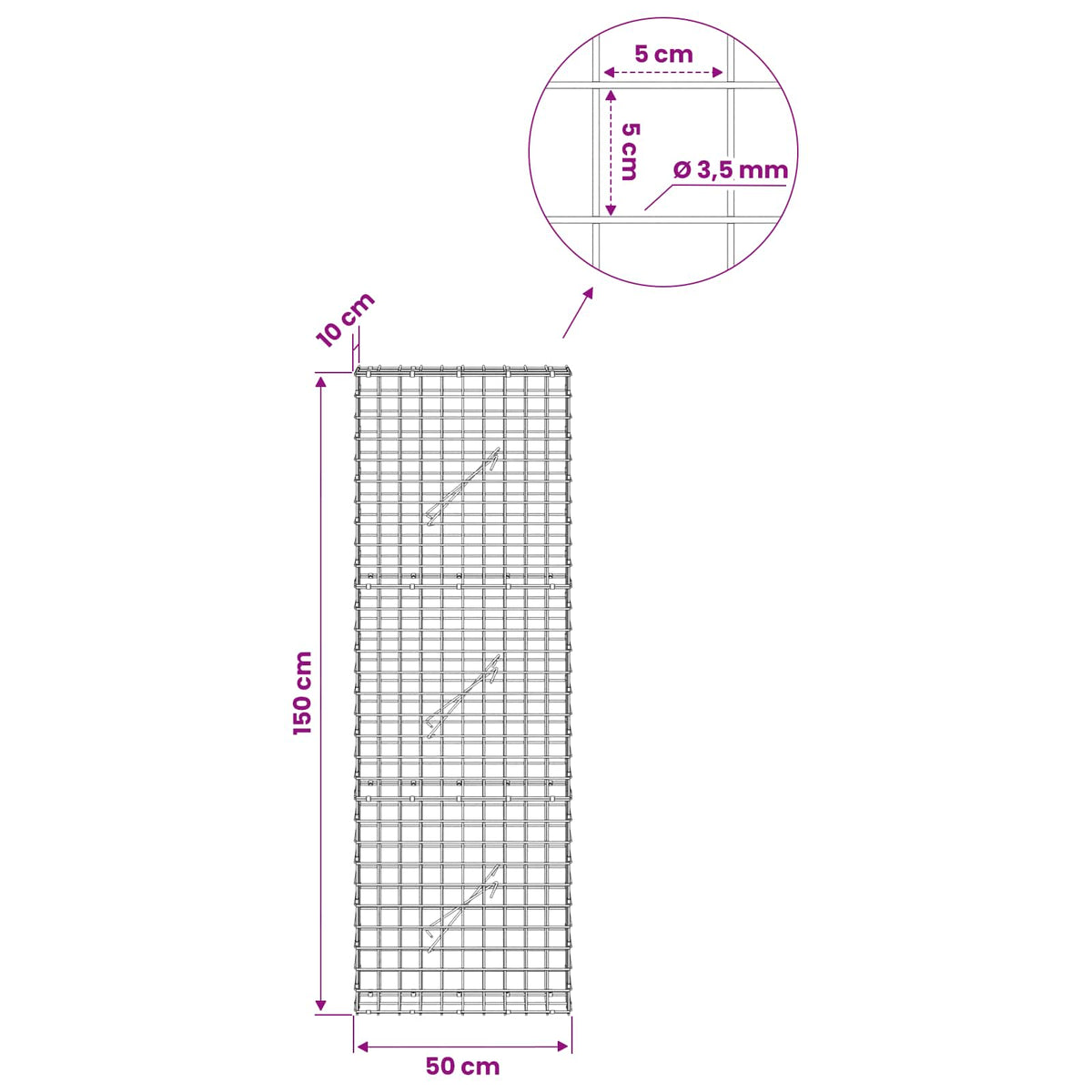vidaXL Gabion z drutu 3,5 mm i siatką 5x5 cm 50x10x150 cm
