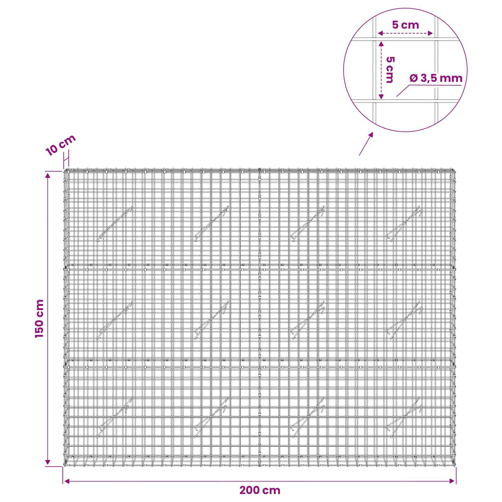 vidaXL Gabion z drutu 3,5 mm i siatką 5x5 cm 200x10x150 cm