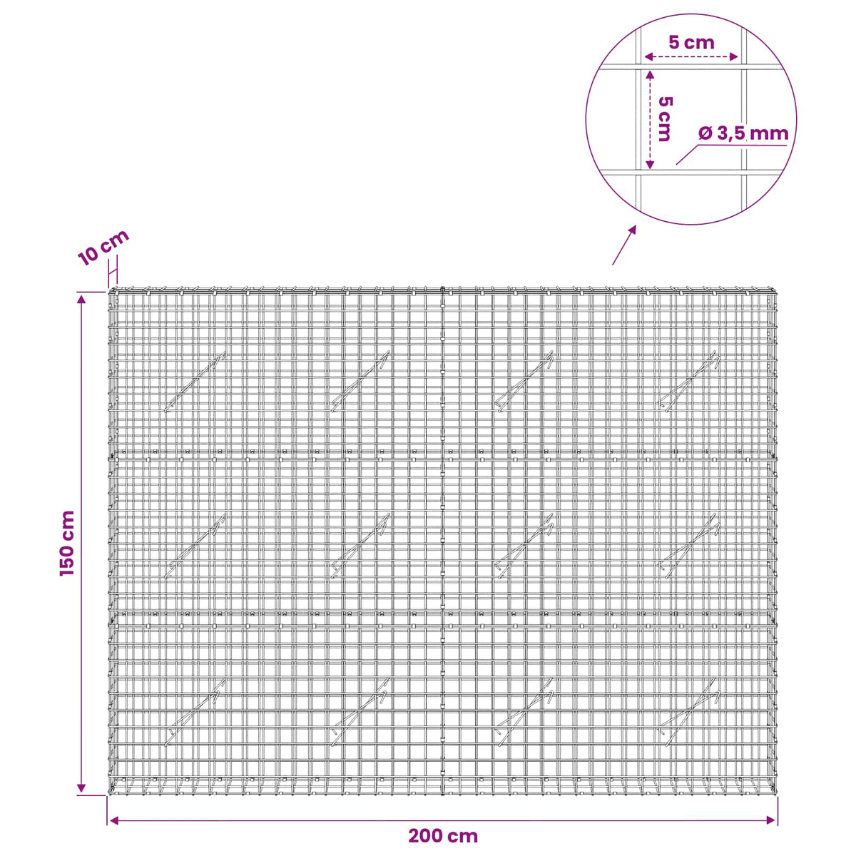 vidaXL Gabion z drutu 3,5 mm i siatką 5x5 cm 200x10x150 cm