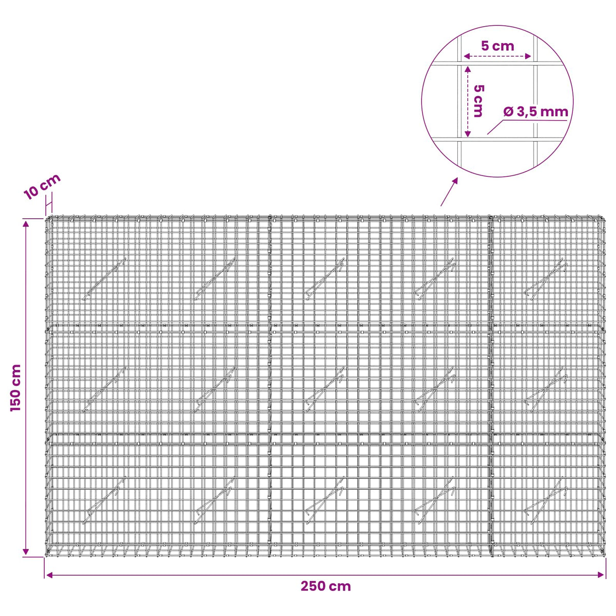 vidaXL Gabion z drutu 3,5 mm i siatką 5x5 cm 250x10x150 cm