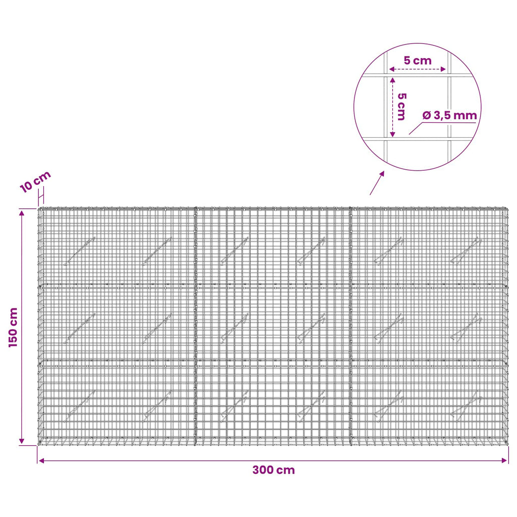 vidaXL Gabion z drutu 3,5 mm i siatką 5x5 cm 300x10x150 cm