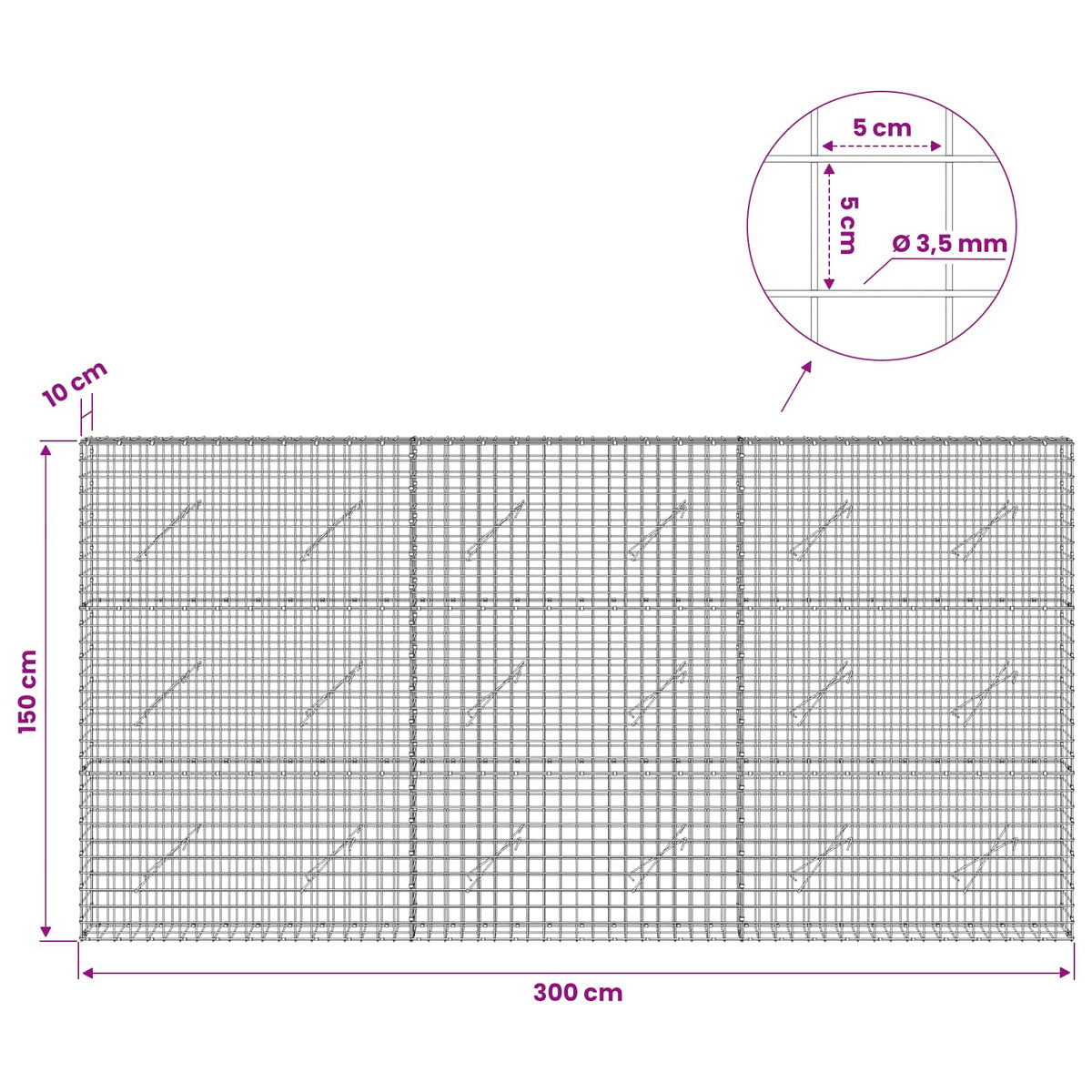 vidaXL Gabion z drutu 3,5 mm i siatką 5x5 cm 300x10x150 cm