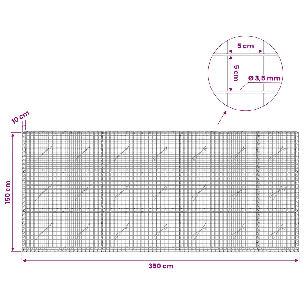 vidaXL Gabion z drutu 3,5 mm i siatką 5x5 cm 350x10x150 cm
