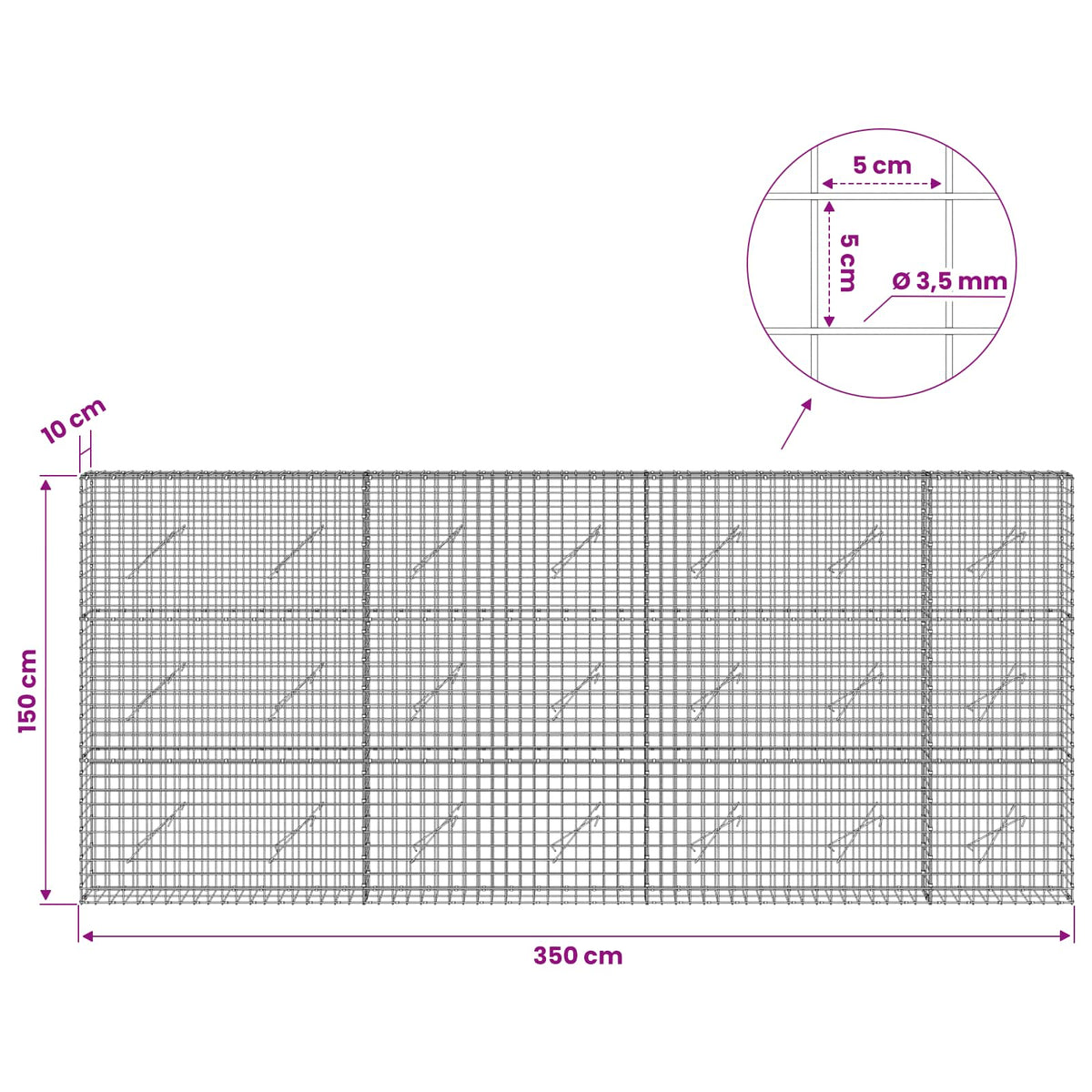 vidaXL Gabion z drutu 3,5 mm i siatką 5x5 cm 350x10x150 cm