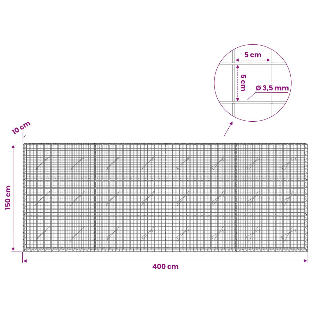 vidaXL Gabion z drutu 3,5 mm i siatką 5x5 cm 400x10x150 cm