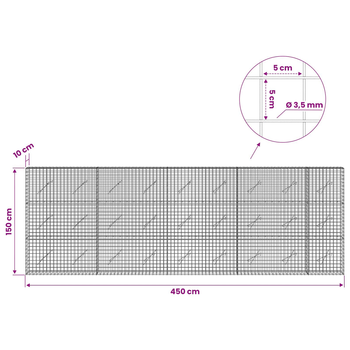 vidaXL Gabion z drutu 3,5 mm i siatką 5x5 cm 450x10x150 cm