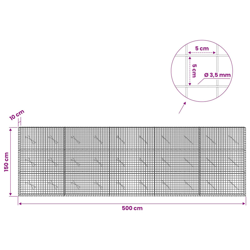 vidaXL Gabion z drutu 3,5 mm i siatką 5x5 cm 500x10x150 cm