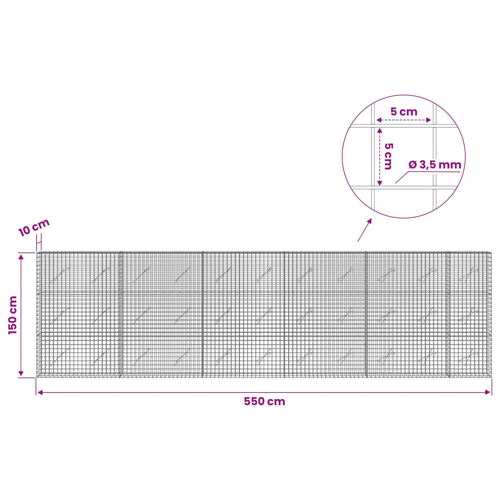 vidaXL Gabion z drutu 3,5 mm i siatką 5x5 cm 550x10x150 cm