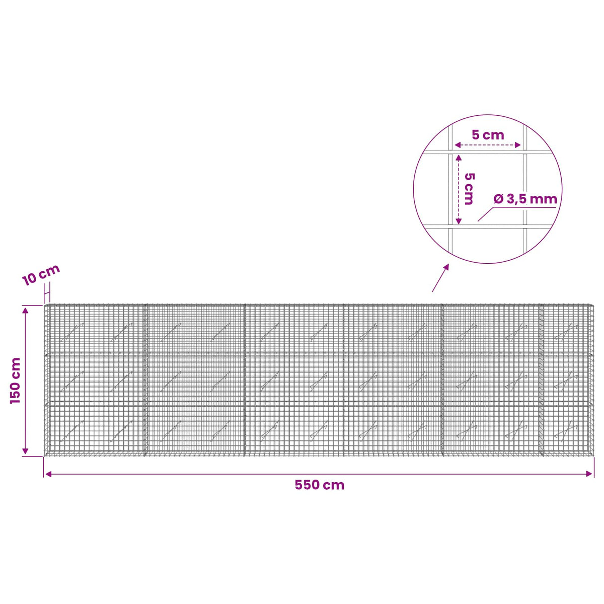 vidaXL Gabion z drutu 3,5 mm i siatką 5x5 cm 550x10x150 cm