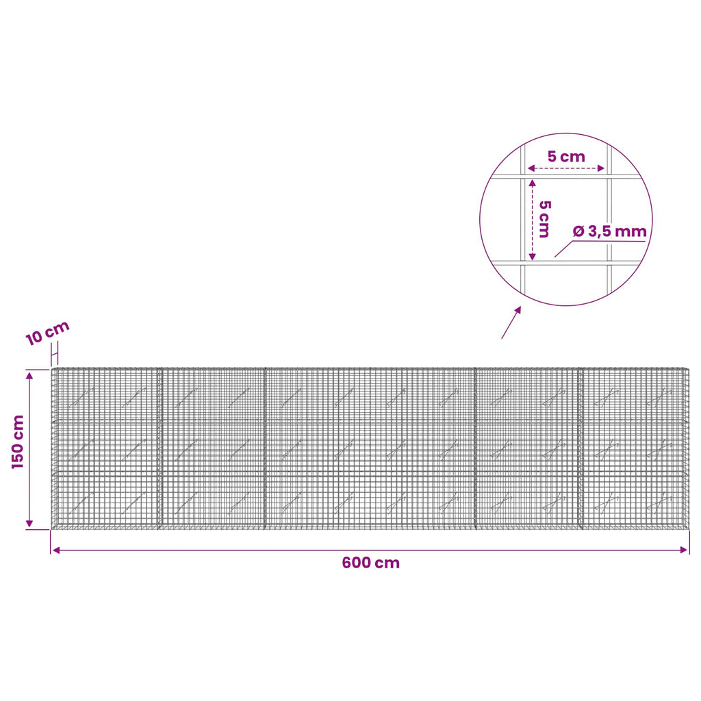vidaXL Gabion z drutu 3,5 mm i siatką 5x5 cm 600x10x150 cm