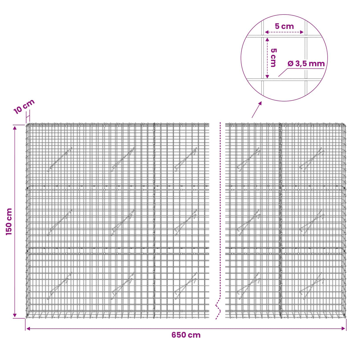 vidaXL Gabion z drutu 3,5 mm i siatką 5x5 cm 650x10x150 cm