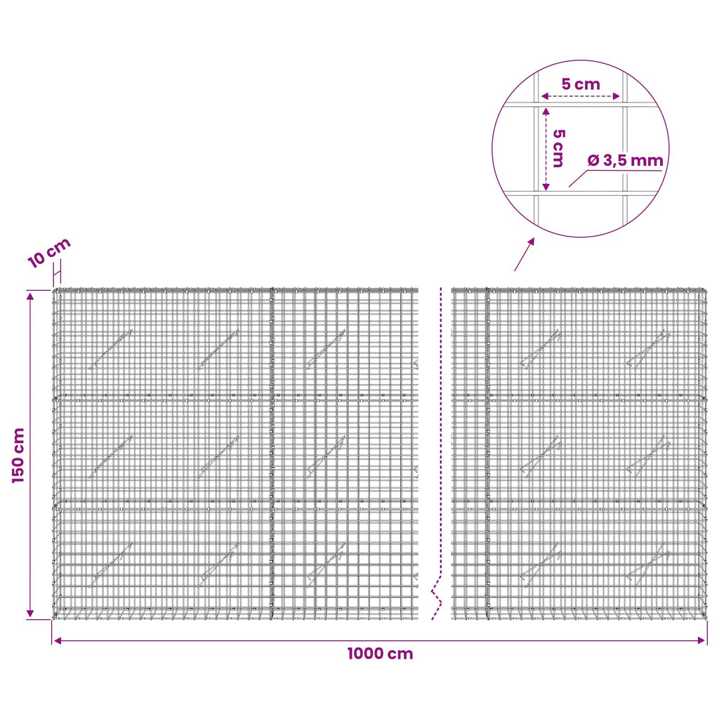 vidaXL Gabion z drutu 3,5 mm i siatką 5x5 cm 1000x10x150 cm