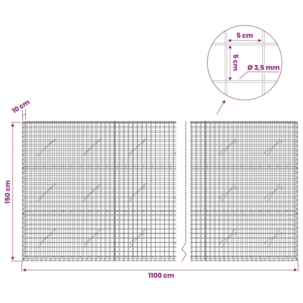 vidaXL Gabion z drutu 3,5 mm i siatką 5x5 cm 1100x10x150 cm