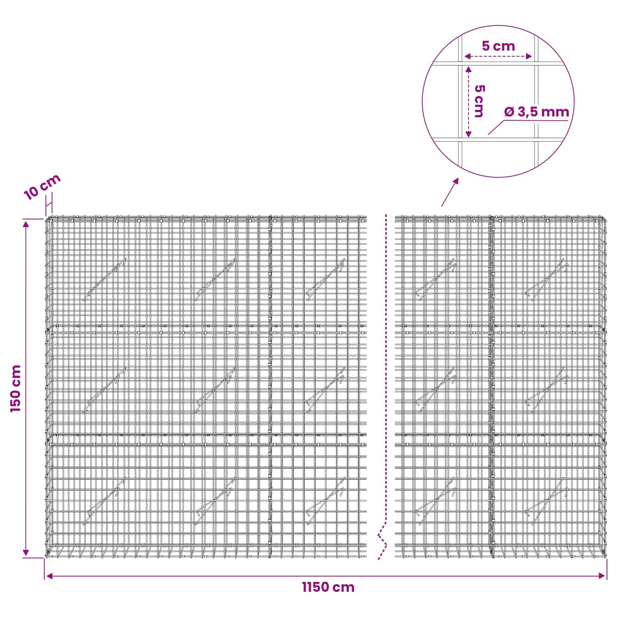 vidaXL Gabion z drutu 3,5 mm i siatką 5x5 cm 1150x10x150 cm