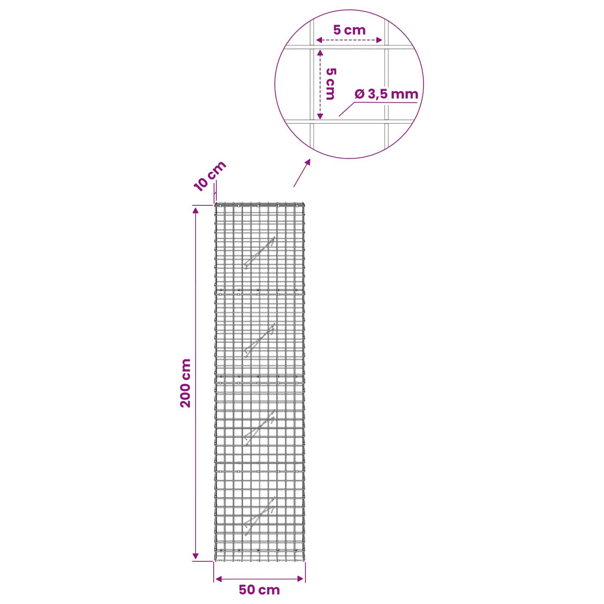vidaXL Gabion z drutu 3,5 mm i siatką 5x5 cm 50x10x200 cm