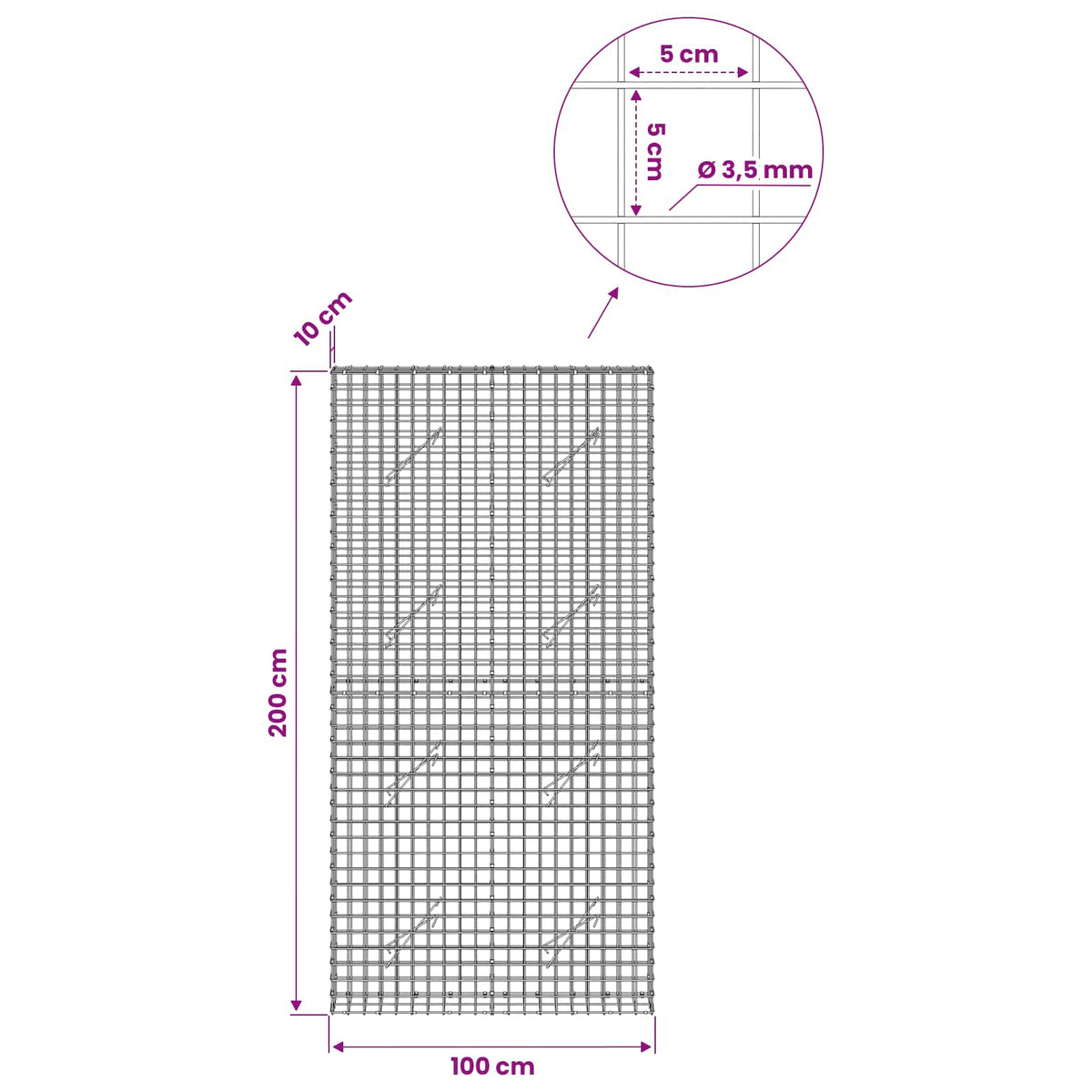 vidaXL Gabion z drutu 3,5 mm i siatką 5x5 cm 100x10x200 cm