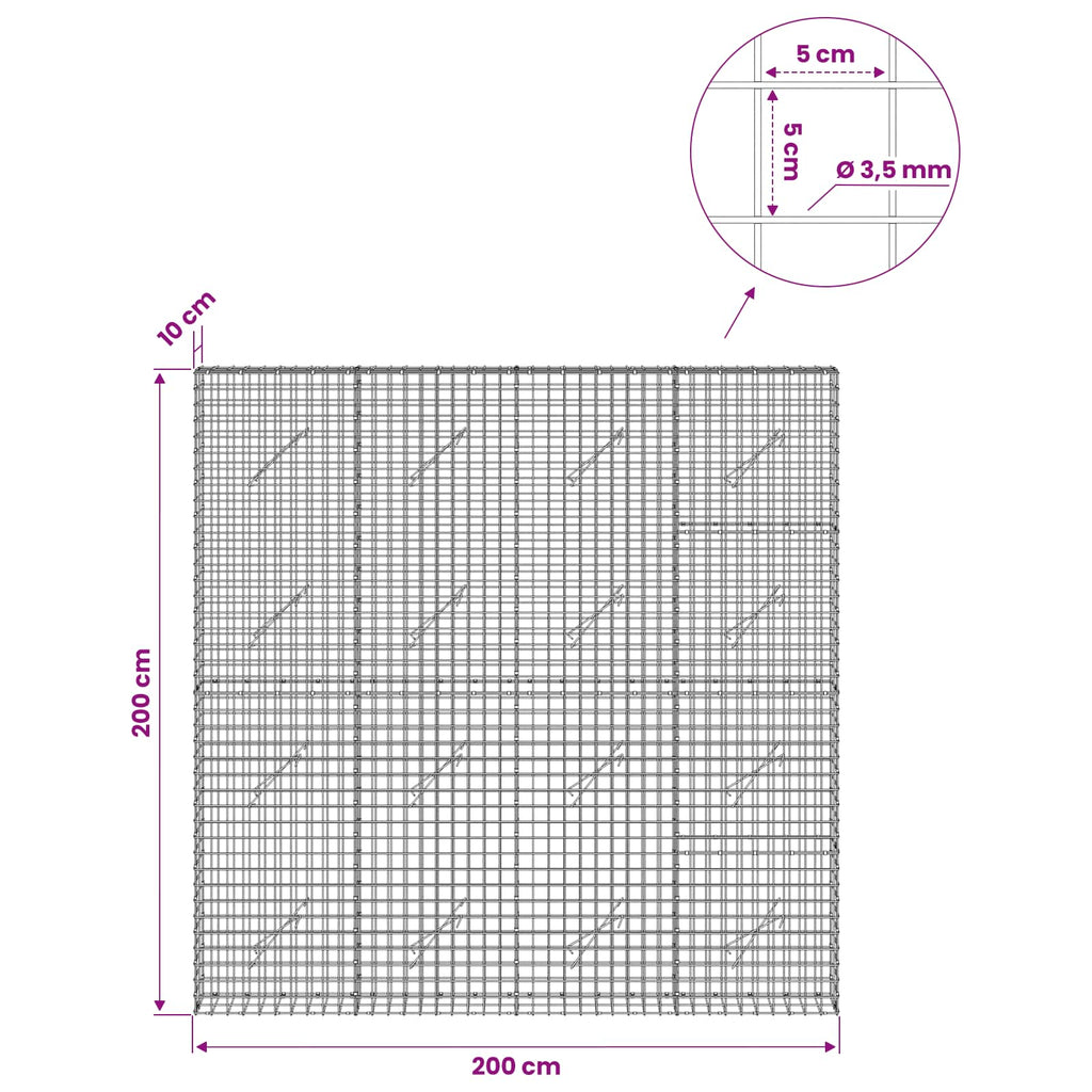 vidaXL Gabion z drutu 3,5 mm i siatką 5x5 cm 200x10x200 cm