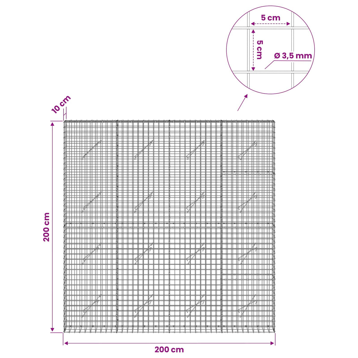 vidaXL Gabion z drutu 3,5 mm i siatką 5x5 cm 200x10x200 cm