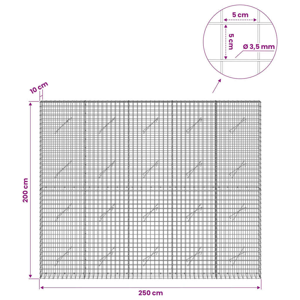 vidaXL Gabion z drutu 3,5 mm i siatką 5x5 cm 250x10x200 cm