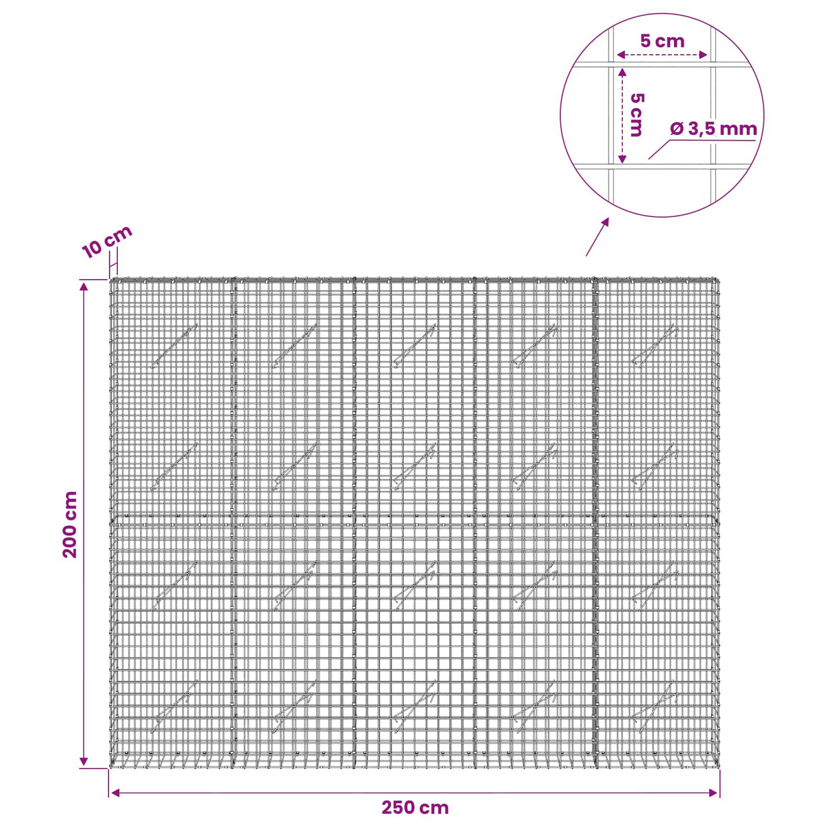 vidaXL Gabion z drutu 3,5 mm i siatką 5x5 cm 250x10x200 cm