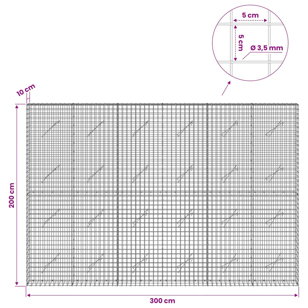 vidaXL Gabion z drutu 3,5 mm i siatką 5x5 cm 300x10x200 cm